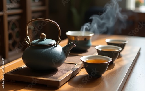 Asian traditional tea ceremony, teapot and teacups with hot drink on the table, Generative AI. High quality