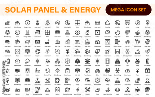 Solar panel color icon set with sun power photovoltaic (PV) home system and renewable electric energy technology glyph symbols: off the grid (OTG), inverter, charge controller, battery, meter.