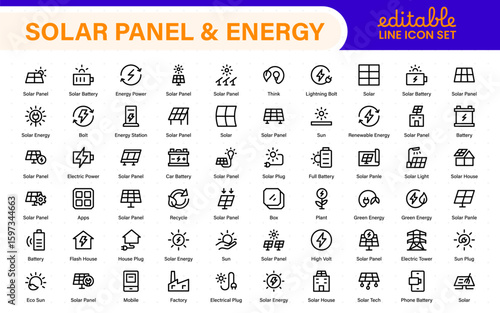 Solar panel color icon set with sun power photovoltaic (PV) home system and renewable electric energy technology glyph symbols: off the grid (OTG), inverter, charge controller, battery, meter.
