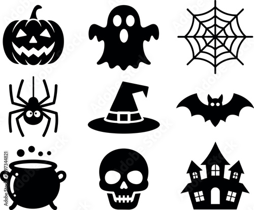 Eight Spooky Halloween Icons Black Silhouettes Vector Set Jackolantern Ghost Spiderweb Witch