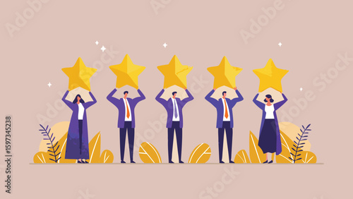 Group of people holding stars above their heads in a display of positive feedback and rating system success