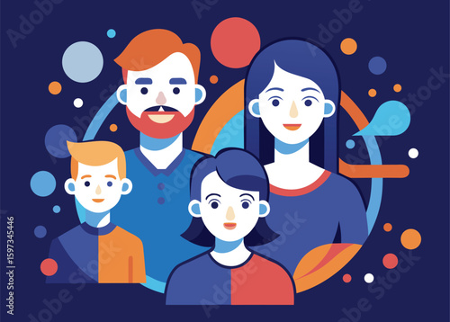 Family Portrait: A close-knit family portrait, composed of four members, rendered in a minimalist, graphic style, conveying warmth and togetherness.