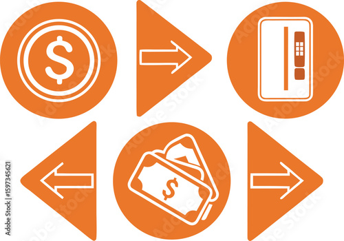 Financial Icons and Symbols: A series of financial icons and symbols presented in a vibrant orange color palette, symbolizing various aspects of financial transactions and concepts.