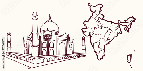 Taj Mahal and India Map - Line Art Design
