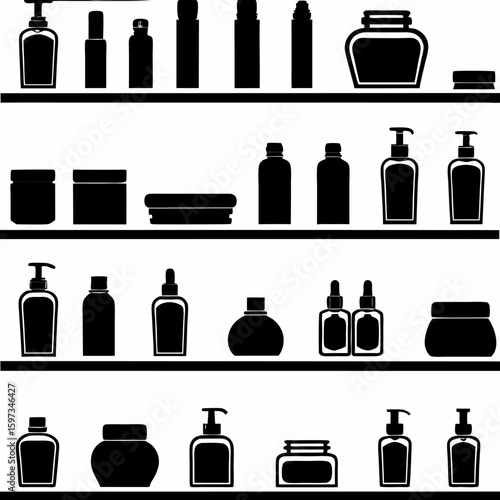 Silhouette illustration of various cosmetic and beauty products arranged on multiple shelves cleanly displayed | editable eps vectors