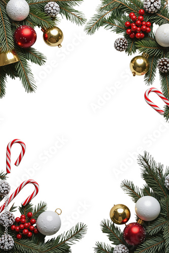 Christmas frame with pine branches, baubles, candy canes, and festive ornaments, isolated on transparent background. Great for holiday, winter, greeting card, or seasonal design use.