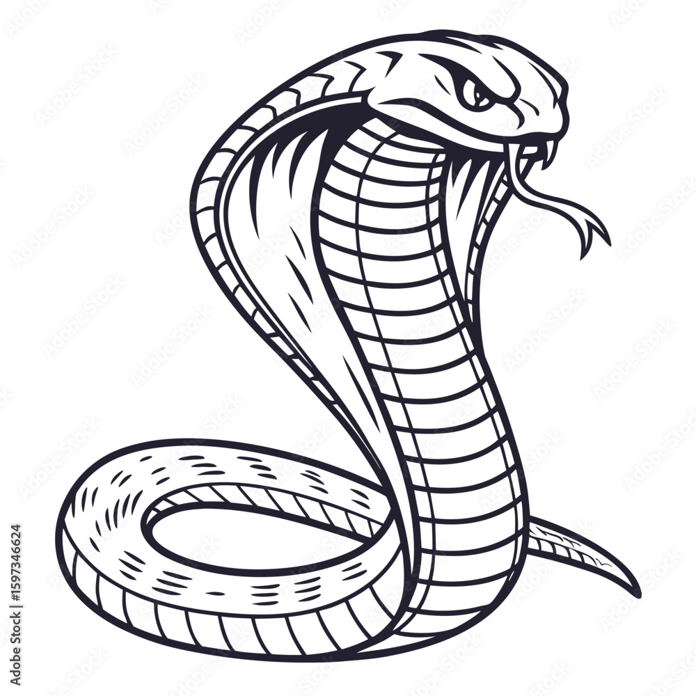 Fototapeta premium Hand Drawn Black Cobra Snake Vintage Tattoo Style Illustration