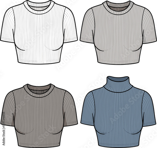 Women ribbed knit crop tops flat sketch, short sleeve and mock neck fitted shirts technical fashion vector drawing design