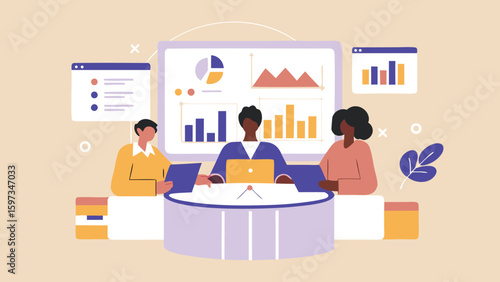 People at a round table discussing charts and graphs on screen in a business meeting setting here now
