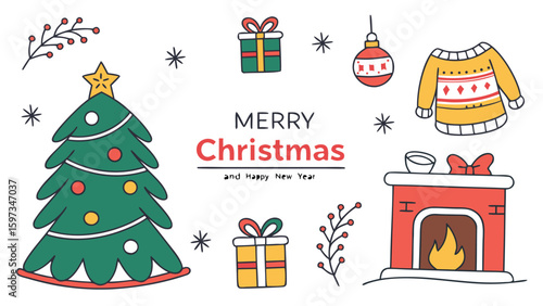 Merry Christmas Happy New Year Festive Green Tree Gifts Sweater Fireplace