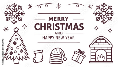 Merry Christmas Happy New Year Festive Line Art Design