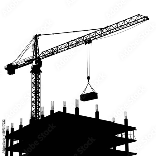 A striking black silhouette of a towering construction crane lifting a heavy load over an unfinished building structure, symbolizing urban development.