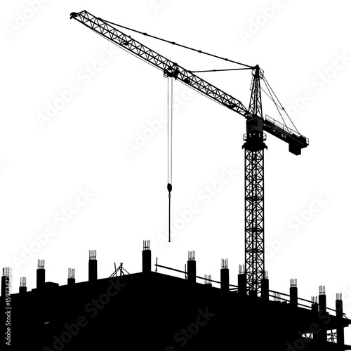 A stark black silhouette of a towering construction crane overlooks the foundational structure of a new building, symbolizing urban development.