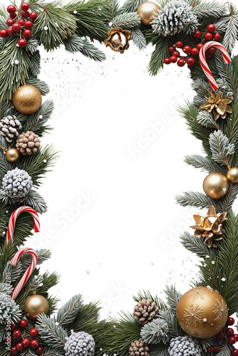 Christmas frame with pine branches, baubles, candy canes, and festive ornaments, isolated on transparent background. Great for holiday, winter, greeting card, or seasonal design use.