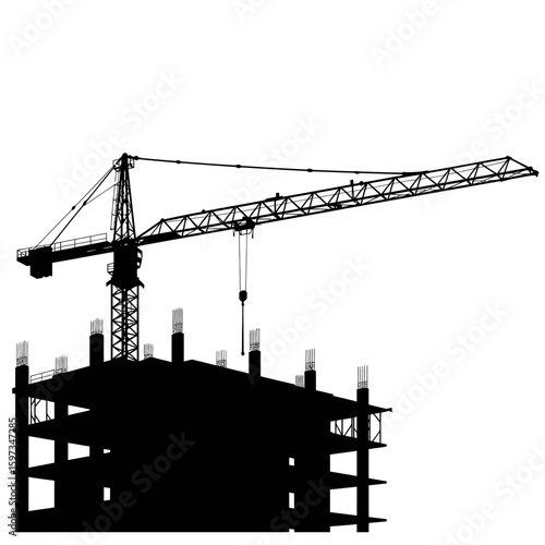 Silhouette of a towering construction crane actively lifting materials for a multi-story building under development against a clean white background.