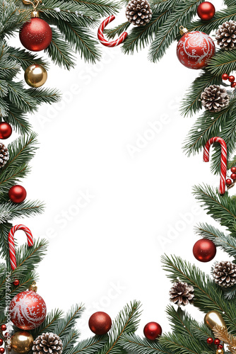 Christmas frame with pine branches, baubles, candy canes, and festive ornaments, isolated on transparent background. Great for holiday, winter, greeting card, or seasonal design use.