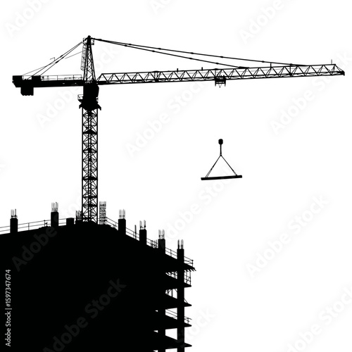 A towering construction crane in stark silhouette lifts a heavy beam above an unfinished building, symbolizing urban development and industrial progress.