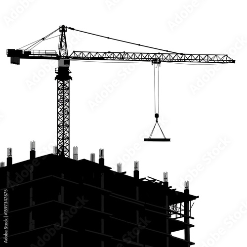 A striking silhouette of a towering construction crane actively working above an unfinished building, symbolizing urban development and progress.