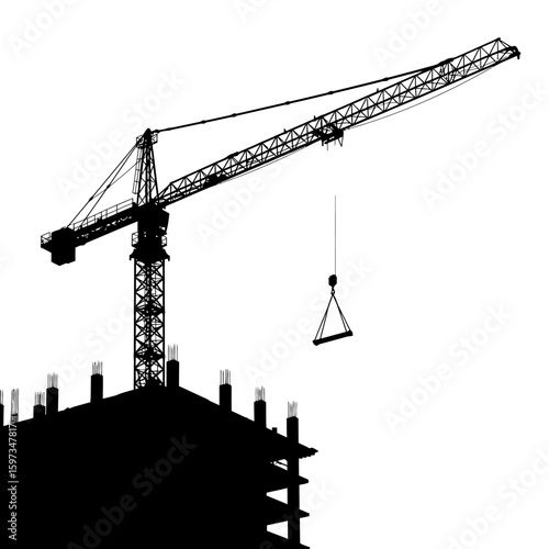A stark silhouette of a towering construction crane actively working over an unfinished building, symbolizing urban development and progress.