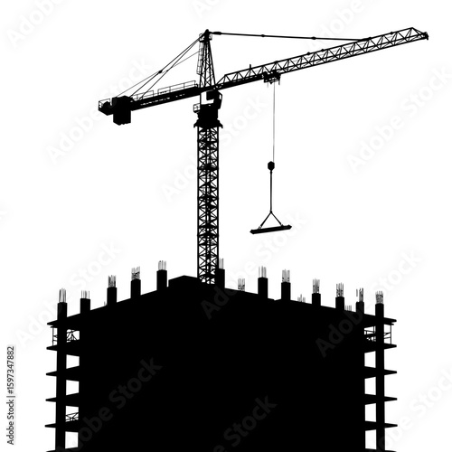 A stark silhouette of a construction crane towering over a building under construction against a clean white background, emphasizing industrial development and architectural progress.