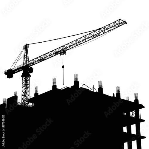 A silhouetted construction crane towers over a building under construction, set against a stark white background, symbolizing progress and urban development.