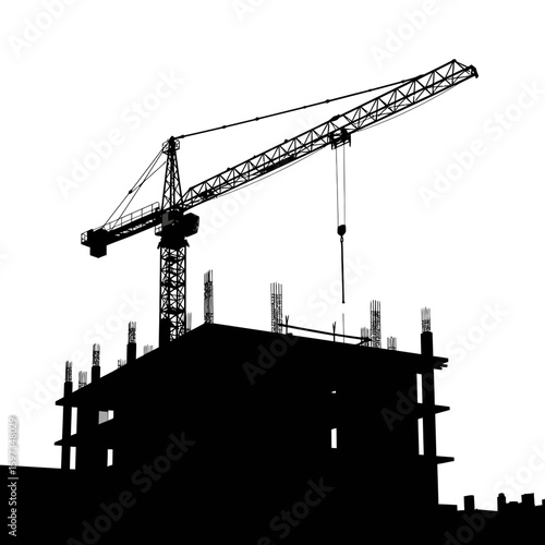 A stark black silhouette of a towering construction crane overseeing the development of an unfinished building against a clean white background.
