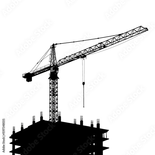 A stark black silhouette of a towering construction crane overlooks the skeletal framework of a building under development, isolated against a bright white background.