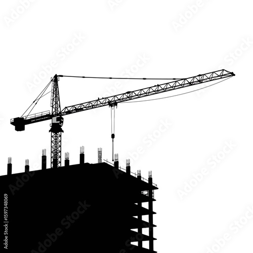 A silhouette of a towering construction crane is positioned over the unfinished structure of a building, symbolizing progress and development against a clean white background.