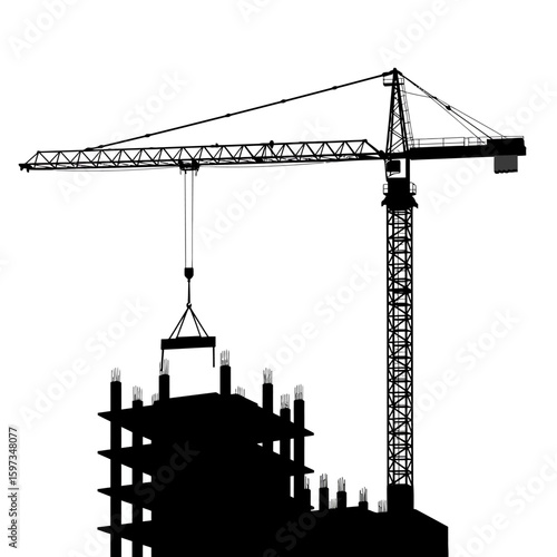 A stark silhouette of a towering construction crane actively lifting materials over an unfinished building against a clean white background.