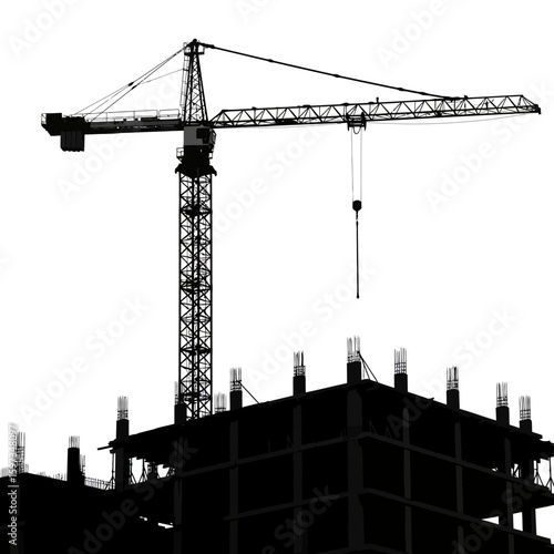 A stark black silhouette of a towering construction crane overlooks the framework of a new building, symbolizing urban development and progress.