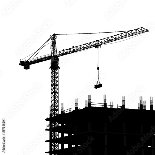 A stark black silhouette of a towering construction crane actively lifting materials above an unfinished building against a clean white background, symbolizing progress.