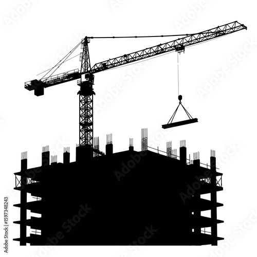 A powerful silhouette of a tower crane actively lifting a structural beam over a building under construction, symbolizing progress and urban development.