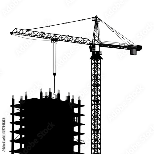 A towering construction crane silhouette lifts materials to the top of a building skeleton against a stark white background.