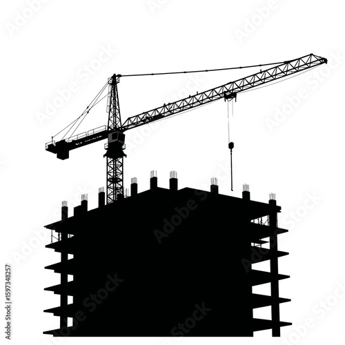 A stark black silhouette depicts a towering construction crane actively working on an unfinished building structure, isolated against a clean white background.