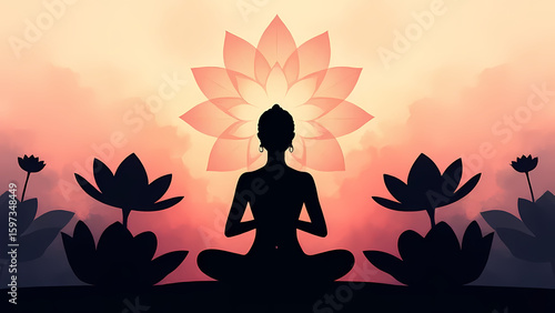 Silhouette of Woman Meditating under Lotus Mandala