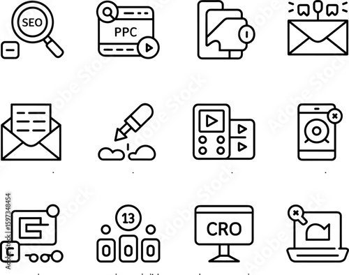 Twelve Black and White Vector Icons Depicting Digital Marketing and S E O Concepts Including P