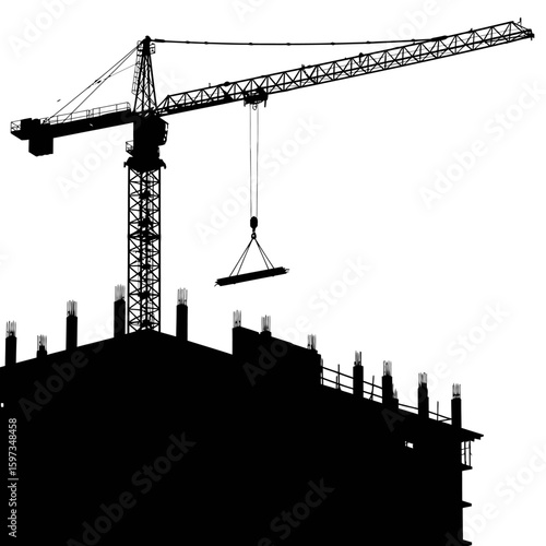 A stark black silhouette of a powerful construction crane lifting a beam over an unfinished building, symbolizing urban development and progress.