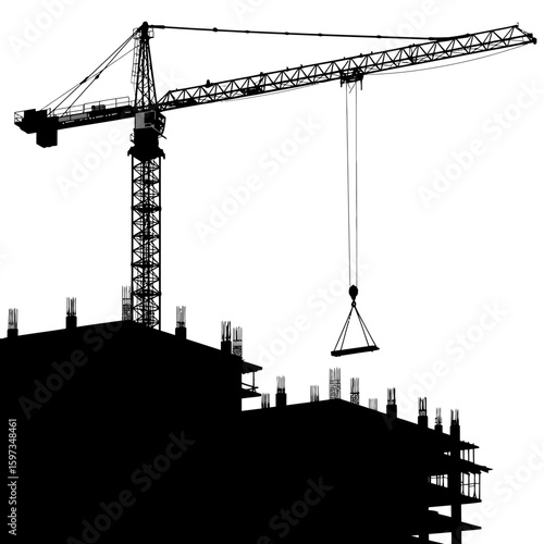 A striking silhouette of a large construction crane actively lifting a heavy beam over an unfinished building site against a bright white background.