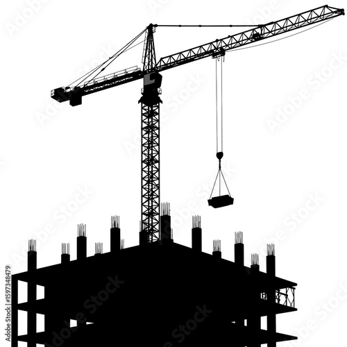 A striking black silhouette of a towering construction crane actively lifting materials over an unfinished building structure, symbolizing urban development.