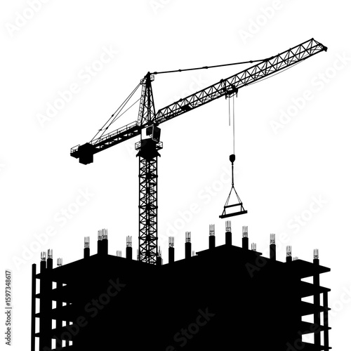 A striking black silhouette of a tower crane actively lifting construction materials onto an unfinished building against a stark white background.
