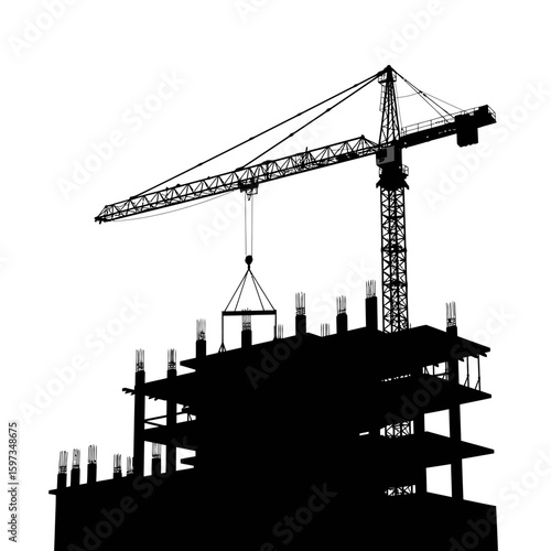 Silhouette of a construction crane lifting materials to a building under development against a stark white background.