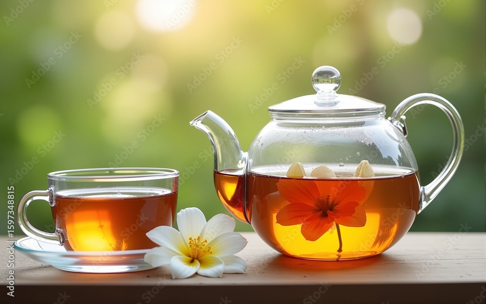 Teapot and glass cup with blooming tea flower. High quality Teapot and glass cup with blooming tea flower. High quality