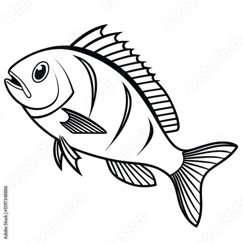 Black and White Outline Illustration of a Fish line art