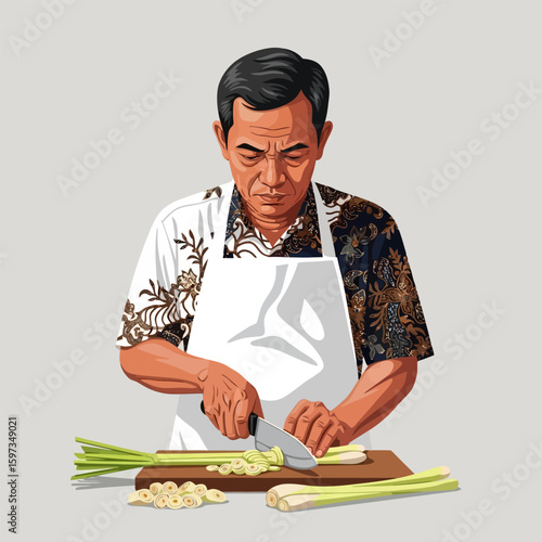 Focused Man Cutting Green Lemongrass with Knife on Wood Board