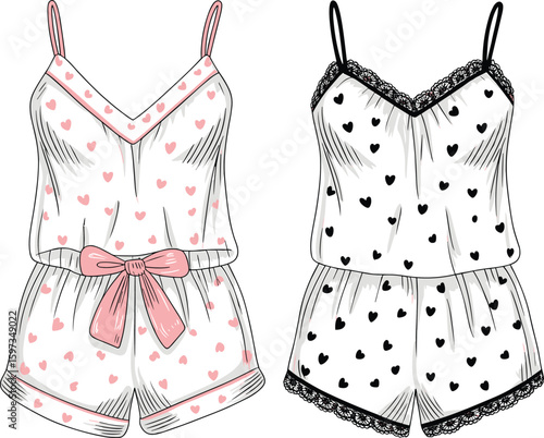 Stylish women romper sleepwear with heart print, lace trim, bow detail, CAD fashion sketch, cozy lingerie nightwear design
