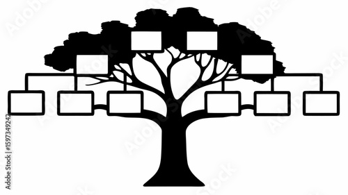 Black and white family tree illustration with empty rectangular frames for photographs or names displayed | editable eps vectors silhouette