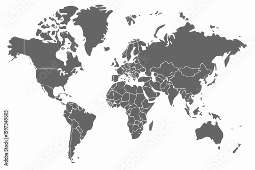 A world map in gray with country borders outlined in white showing continents and landmasses clearly | editable eps vectors silhouette