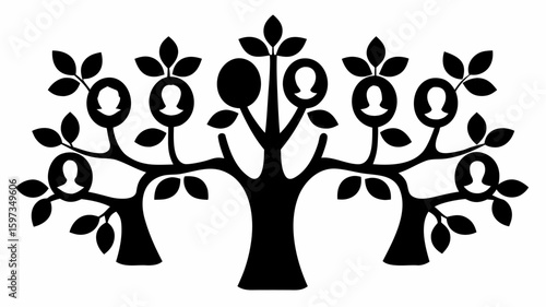 Stylized family tree illustration with silhouette portraits and leaf details in black and white design | editable eps vectors