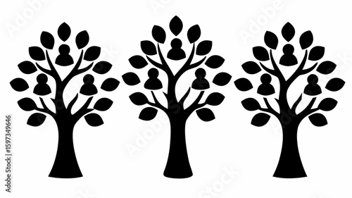 Three family trees with person icons as leaves in black and white genealogical representation design | editable eps vectors silhouette