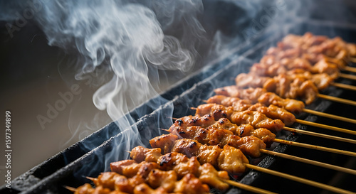 Chicken satay skewers cooking on a grill, with smoke rising, creating a savory and appetizing scene.